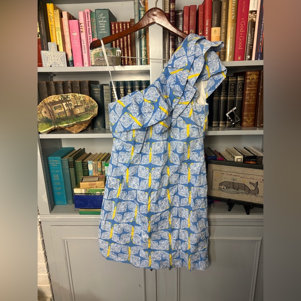 Lilly Pulitzer Sandra One Shoulder Ruffle Cotton Dress Blue Yellow Butterfly 10